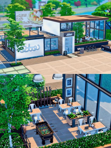 Riverside Coffee & Restaurant | Joyceisfox on Patreon Sims4 Custom Content, Ts4 Lots, Sims Interior, Sims Lots, Sims 4 Restaurant, Cas Background, Lotes The Sims 4, Restaurant Layout, Coffee Restaurant