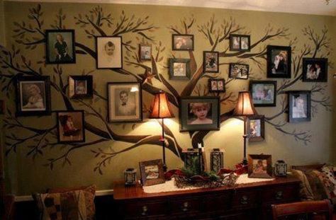 family tree frames for the wall | Pretty sweet family tree with picture frames on the wall. | Crafts Family Tree Mural, Family Tree Wall Decor, Koti Diy, Tree Mural, Family Tree Wall Decal, Family Tree Wall, Wall Decor Decals, Tree Wall Decor, Tree Wall Decal