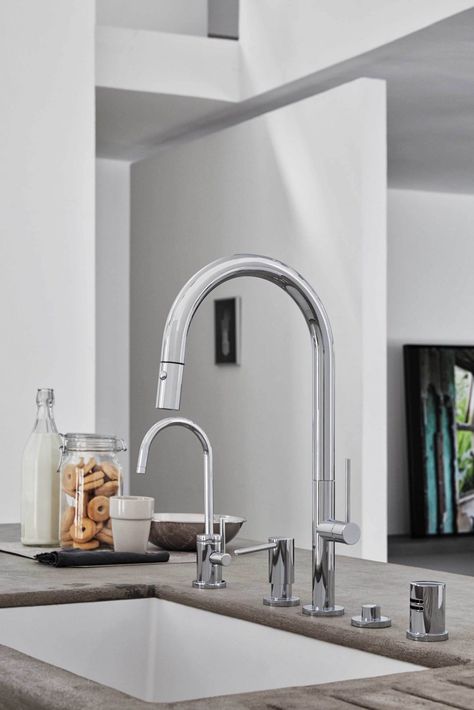 Contemporary Style Kitchen, California Faucets, Modern Kitchen Faucet, Stainless Steel Kitchen Appliances, Hot Water Tank, Hot Water Dispensers, Bathroom Furniture Vanity, Brass Faucet, Luxury Kitchen Design