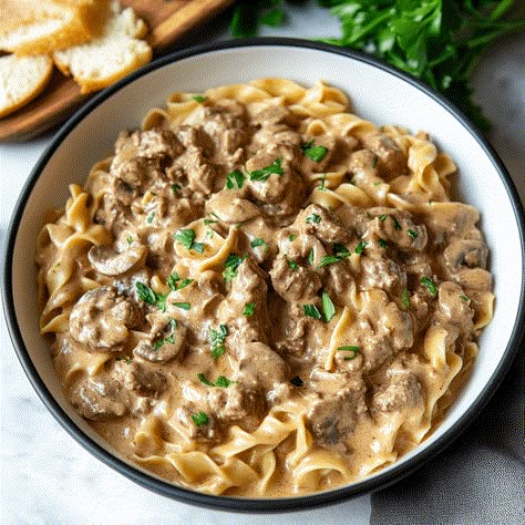 One Pot Beef Stroganoff Recipe - cookingwithtina.com Noodles And Company Beef Stroganoff, Weight Watchers Beef Stroganoff, Elk Stroganoff, Beef Stroganoff With Ground Beef, One Pot Beef Stroganoff, Crock Pot Beef Stroganoff, Instant Pot Beef Stroganoff, Dutch Oven Beef, Golden Mushroom Soup