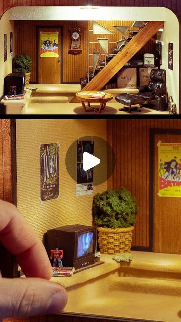 DAVID MINIATURES on Instagram: "Here is my latest Retro Room™ and 1980’s basement in Mid Century Modern home that never updated their style. We’ve all been there! 

Special thanks to @sunwardhobbies for providing me with all of my scale modelling supplies. #sunwardhobbies #miniature #diorama #scalemodel #miniatures #dioramas #nostalgia #1980s #1950s #1960s #1970s" Scale Model Homes, Mid Century Modern House, Miniature Garden, Basement, Model Homes, Scale Models, Modern House, Mid-century Modern, Mid Century