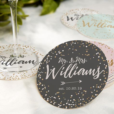 Personalized Wedding Paper Coasters - Sparkling Love Mason Jar Candles Wedding, Mason Jar Candle Favors, Simple Wedding Planning Checklist, Simple Wedding Planning, Bridal Shower Gift Ideas, Wedding Water, Personalized Mason Jars, Wedding Water Bottles, Paper Coasters