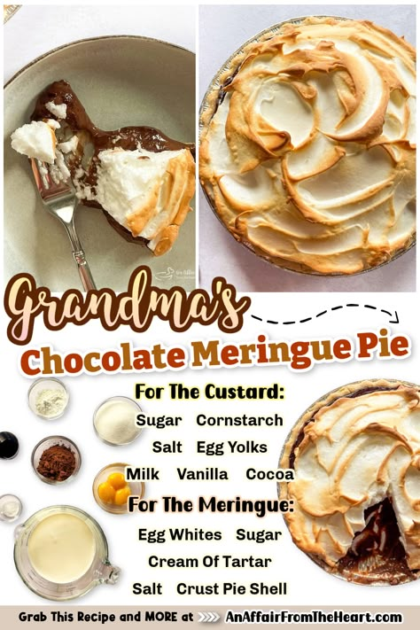 Slice of Grandma's Chocolate meringue pie and the whole pie. Baked Chocolate Pie Recipe Old Fashioned, Old Fashioned Chocolate Pie With Meringue, Old Fashioned Chocolate Cream Pie, Homemade Chocolate Meringue Pie, Chocolate Mirangue Pie Recipe, Old Fashioned Chocolate Meringue Pie, Homemade Chocolate Pie Recipe, Chocolate Cream Pie With Meringue, Chocolate Pie Meringue