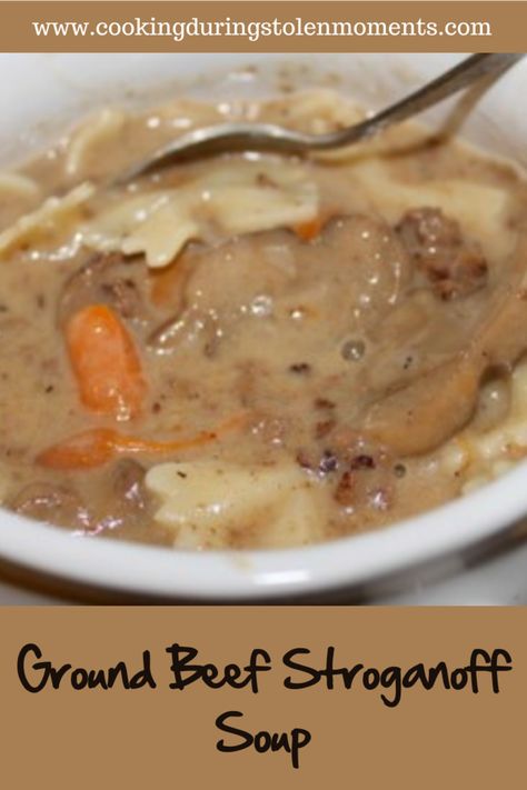 Ground Beef Stroganoff Soup combines all of the stroganoff flavors you love into a thick and hearty soup the whole family will enjoy. #souprecipe #groundbeefrecipe #fullofflavor #tasty #simple #easy #healthy #familyfriendlyfoodblog #cookingduringstolenmomentsrecipe Beef Stroganoff Soup Recipe, Beef Stroganoff Soup, Stroganoff Soup, Ground Beef Mushrooms, Hamburger Stroganoff, Hamburger Stew, Beef Stroganoff Easy, Ground Beef Stroganoff, Stolen Moments