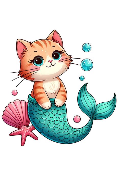 Cute tabby cat mermaid drawing with seashell and starfish. #mermaid #cat Starfish Drawing, Cute Tabby Cat, Mermaid Drawing, Cat Mermaid, Draw A Cat, Mermaid Cat, Mermaid Drawings, Book Art Diy, Cute Cartoon Animals