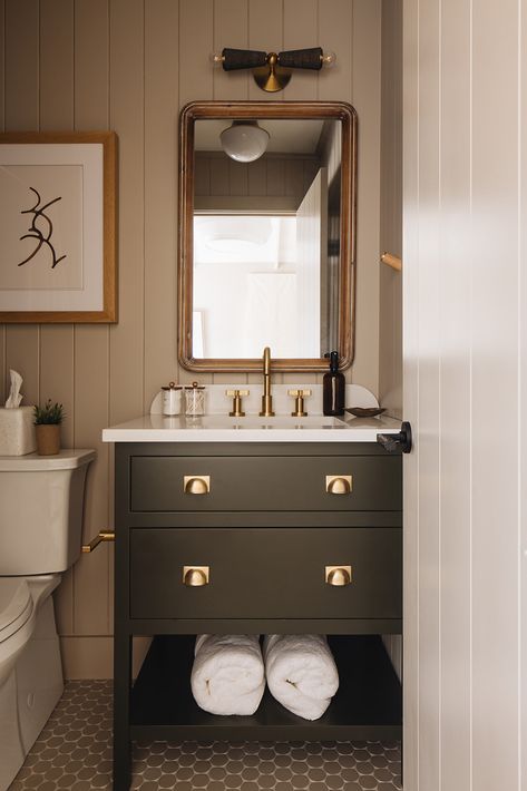 The Townie Cottages - All Units | Juniper Holiday + Home Kate Marker Interiors, Luxe Home, Painted Vanity, Penny Round Tiles, Glass Soap Dispenser, Cottage Bathroom, Green Flooring, Powder Bath, Half Bathroom