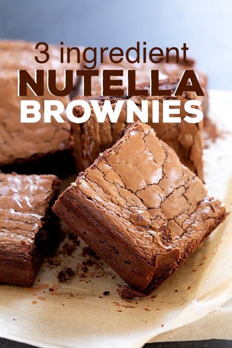 These chewy, rich Nutella brownies are naturally gluten free and are truly made with just 3 simple ingredients: Nutella hazelnut spread, eggs, and almond flour. #glutenfree #gf #nutella #brownies Nutella Brownies 3 Ingredient, Nutella Deserts, Nutella Ingredients, 3 Ingredient Nutella Brownies, 3 Ingredient Brownies, Nutella Recipes Brownies, Nutella Brownie, Dessert Halloween, 3 Ingredient Desserts