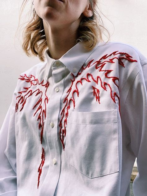 #upcycled #embroidery #tessaperlow Embroidery Designs Clothes, Embroidery Upcycle, Story Embroidery, Flame Shirt, Basic Hand Embroidery Stitches, Paper Clothes, Upcycle Shirt, Color Combinations For Clothes, Wedding Jacket