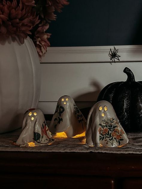 The Rural Legend Co Spooky Cottage, Textured Ornaments, Clay Ghosts, Vintage Inspired Christmas Tree, Ghost Craft, Clay Ghost, Battery Tea Lights, Cute Halloween Decorations, Pumpkin Arrangements