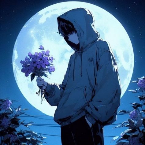 Blue Aesthetic Boy, Purple Soft Aesthetic, Blue Moon Aesthetic, Boy Holding Flowers, Boys Animation, Anime Moon, Flower Violet, Moon Character, Anime Flower