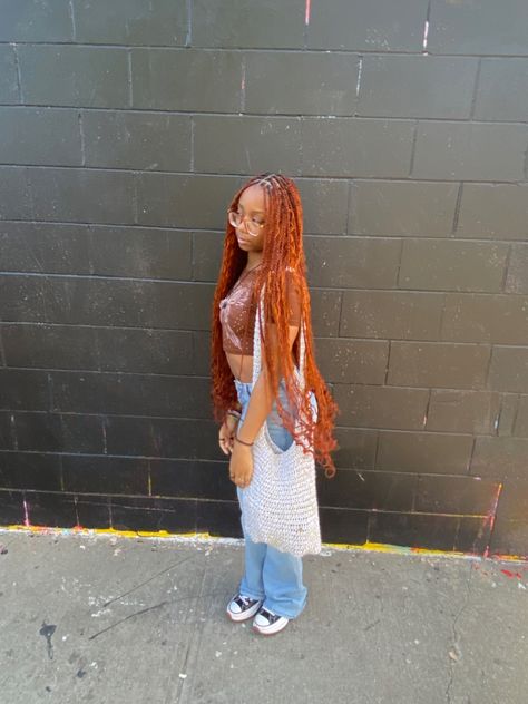 Orange Twists Black Women, Ginger Bohemian Twists, Ginger Hair Black Women Twists, Ginger Passion Twists With Curls, Ginger Copper Box Braids, Copper Island Twist, Ginger And Blonde Island Twist, Bohemian Island Twists With Color, Ginger Goddess Twist