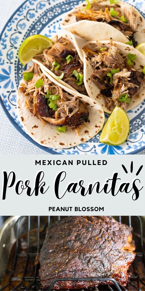 This easy Mexican pulled pork recipe takes just 10 minutes of prep and then slow roasts in the oven all day for an amazing spicy crust that hides tender and juicy shredded meat underneath. Use for Mexican carnitas street tacos, rice bowls, nachos, or more. Leftovers freeze perfectly! Pork Street Tacos, Street Tacos Pork, Pulled Pork Tostadas, Shredded Pork For Tacos, Pork Tostadas Shredded, Mexican Pulled Pork Tacos, Mexican Pulled Pork Recipe, Pork Shoulder Carnitas Oven, Mexican Pork Recipes