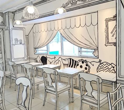 Manga Cafe, 2d Cafe, Play Cafe, Unique Cafe, Themed Cafes, White Floors, Cafe Interior Design, Cafe Shop, Flat Illustration