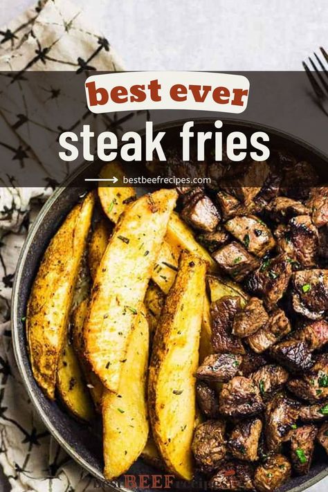 Juicy and thick steak fires in a bowl with juicy steak bites.