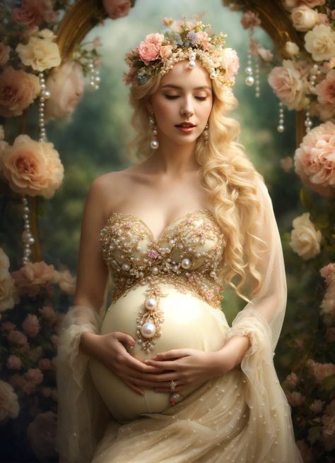 Lexica - Blonde maternity ethereal mother goddess pale pearls dress dynamic pose jewels flowers fantasy, rococo Goddess Maternity Dress, Golden Goddess Maternity Shoot, Maternity Photography Ethereal, Fine Art Maternity, Pregnant Goddess Photography, Jeweled Flowers, Pearl Dress, Mother Goddess, Dynamic Poses