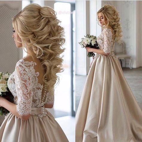 11.6k Likes, 59 Comments - @makeups.art (@fashions.mood) on Instagram: “Perfect Dress&Hair  By @estile . Follow us @fashions.mood for more... @fashions.mood…” Sanggul Modern, Champagne Evening Dress, Champagne Prom Dress, Makeup Tip, Wedding Dress Champagne, Wedding Hair Ideas, Satin Evening Dresses, Wedding Hair Styles, Wedding Hair Makeup