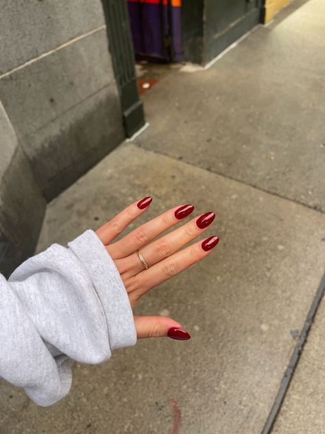 Round Almond Nails Design, Plain Round Nails, Round Nails Aesthetic, Short Round Acrylic Nails Christmas, Round Nails Natural, Wine Red Round Nails, Burgundy Round Nails, Dark Red Round Acrylic Nails, Short Rounded Red Nails