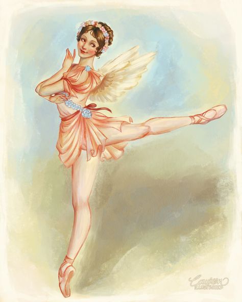 Cupid Ballet illustration By Lauren Illustrated Ballet Concert, Ballerina Artwork, Ballet Illustration, Ballet Drawings, Vintage Ballet, Drawing Ideas List, Dance Paintings, Ballet Art, Fairy Artwork