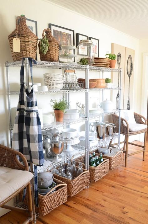 Pinned But Forgotten: Kitchens & Dining Rooms - Emily A. Clark Kitchen Shelf Baskets, Metal Rack Kitchen Storage, Kitchen Wire Shelving Organization, Metal Shelf Kitchen Storage, Metal Racks Storage Ideas Kitchen, Exposed Kitchen Storage, Chrome Shelving Ideas, Kitchen With Metal Shelving, Wire Rack Shelving Ideas