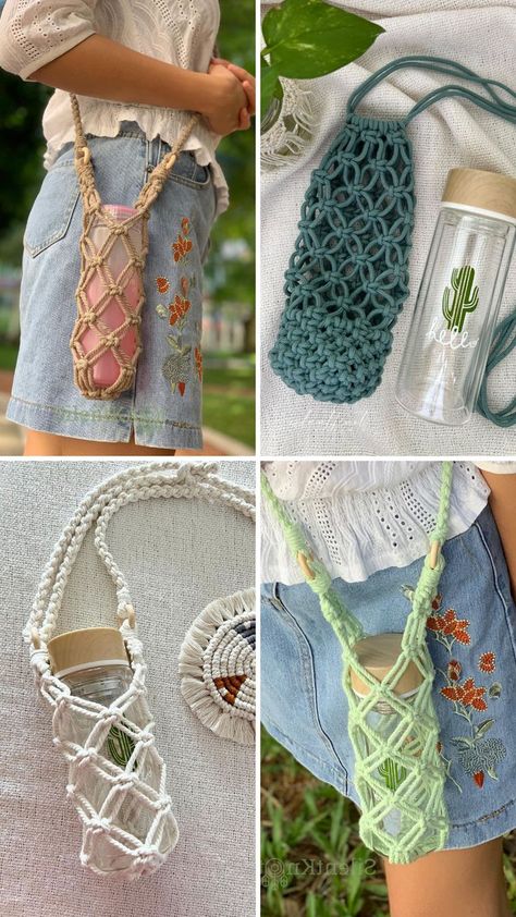 Macrame Water Bottle Holder tutorial Functional Macrame, Macrame Water Bottle Holder, Macrame Water Bottle, Easy Diy Macrame, Simpul Makrame, Hadiah Diy, Pola Macrame, Mode Crochet, Water Bottle Holder