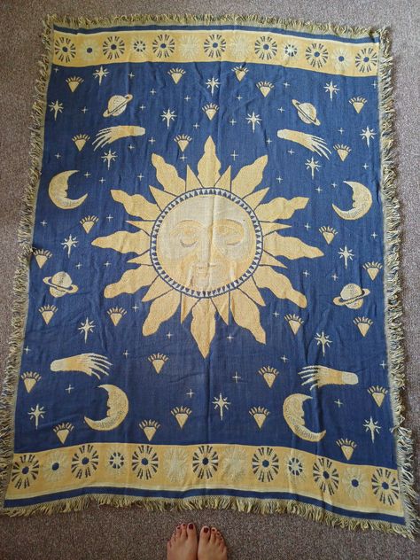 Throw blanket for sofa bed chair with decorative tassels/ Wall rug moon/ Wall kilim sun/ wall carpet stars/ Reversible tapestry couch cover Decorative Tassels, Bed Chair, Wall Rug, Vintage Sun, Sun Moon Stars, Couch Cover, Wall Carpet, Forest Design, Couch Covers