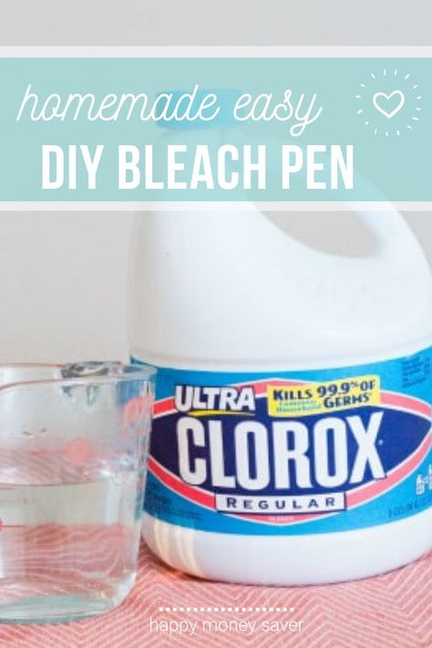 I love and use bleach pens so much, I decided to make my own easy and money saving recipe!! #thriftytips #easydiy #cleaning | happymoneysaver.com Diy Bleach Pen, Bleach Pen Diy, Natural Cleaners Diy, Homemade Bleach, Diy Bleach, Diy Household Cleaners, Bleach Pen, Homemade Cleaning Supplies, Diy Cleaning Products Recipes