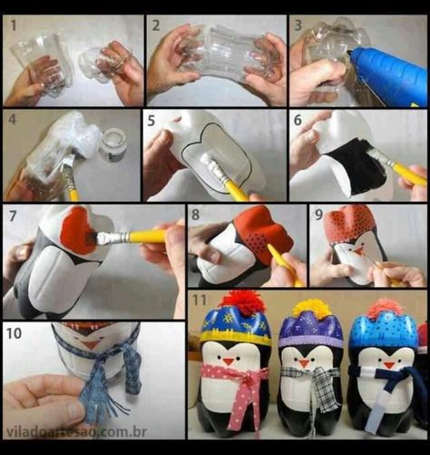 Pop-bottle penguins! I'm not going to glue the top and bottom together so I can fill with treats! Penguin Christmas Ornaments, Penguin Craft, Plastic Bottle Crafts, Christmas Penguin, Do It Yourself Projects, Cool Ideas, Winter Crafts, Diy Creative, Xmas Crafts