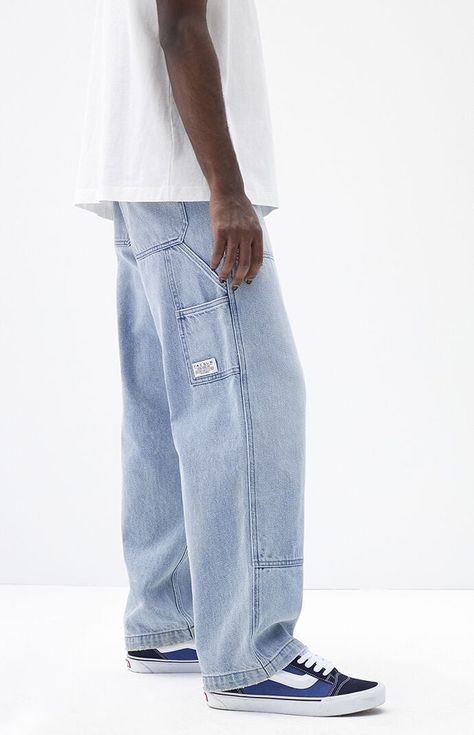 Experience comfort and utility in the PacSun Light Indigo Baggy Carpenter Jeans. These jeans feature a classic relaxed fit with a wide leg and panel detailing on the front, complemented by a clean light indigo wash. With utility details including a woven tag with branded genuine goods tag, tool pocket, and hammer loop detail, they blend practicality with timeless style for a versatile wardrobe staple.Model is wearing a size 32Model Measurements: 6'1” Height, 31” Waist, 32” InseamLearn more about PacSun eco items PacSun Mens Light Indigo Baggy Carpenter Jeans - Blue size 30W 30L Skater Style Men, Mens Baggy Jeans, 90s Skater Fashion, Lau Lau, Baggy Carpenter Jeans, Fire Clothes, Baggy Jeans Outfit, Jeans Outfit Men, Pacsun Mens