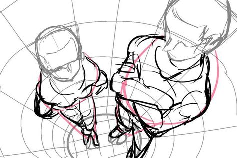 Overhead Drawing Reference, Perspective Drawing Person Reference, Top View Perspective Reference, Up To Down Perspective Drawing, Art In Perspective, Fisheye Pose Reference Drawing, Two People Perspective Reference, Perspective Art Drawing, Fisheye Art Reference