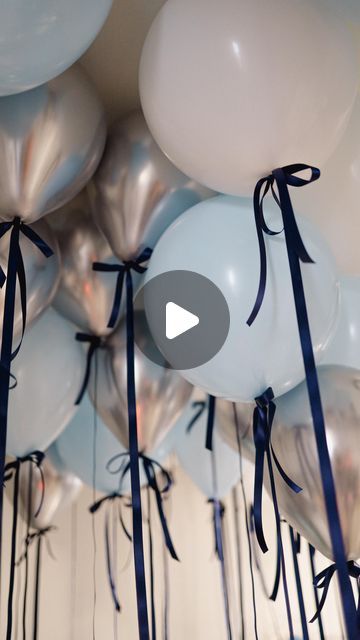 Balloons With Bows On Them, White Balloons Black Ribbon, Balloon Ribbon Ideas, White Balloons With Bows, Blue Coquette Birthday Party, Baby Homecoming Decorations, Balloons With Bows, Quick Birthday Decorations, Bow Themed Party