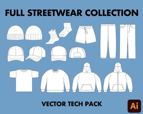 Streetwear/High Fashion/Oversize/Boxy Fitting COMPLETE Collection Tech Pack Everything you will ever need to make a collection! Includes: Hooded parka Hoodie Puffer Skateboard Tote Bag Backpack Balaclava Beanie Glasses Hat Zip Hoodie 90s Shirts Graphic Tees, Streetwear High Fashion, Fashion Design Template, Illustrator Template, Flat Sketches, Black Cartoon Characters, Shirt Illustration, Basketball Socks, Tech Pack