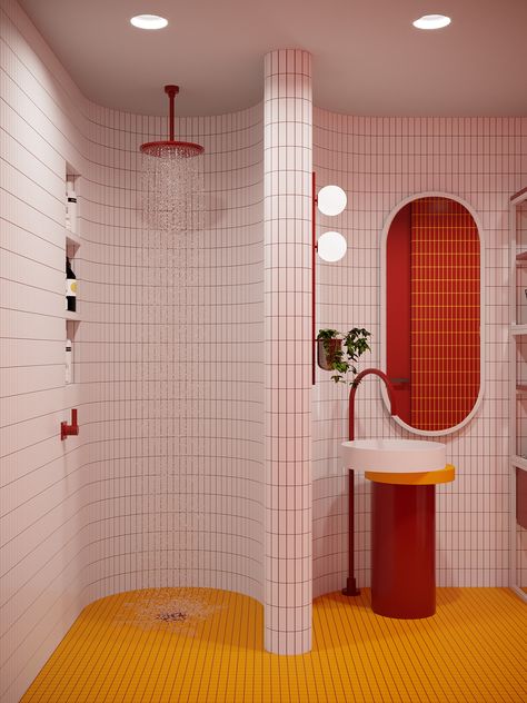 Pushing Limits With Powerful Red and Yellow Accent Decor Red Bathroom Accessories, Orange Bathrooms, Retro Bathrooms, Bathroom Red, Yellow Bathrooms, January 3, Pink Bathroom, Maximalism, Bathroom Colors