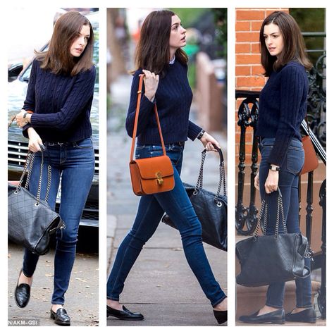 Anne Hathaway - casual style - all blue with a pop of orange  fashion •  girls • women •. summer • ootd • spring • winter • outfit ideas • dates • casual • trendy  •  chic  • street style • the intern • movie The Intern Jules Outfits, The Intern Movie Outfits, Anne Hathaway Intern Outfit, Anne Hathaway The Intern Outfits, Anne Hathaway The Intern, Anne Hathaway Casual Outfits, The Intern Outfits, Movie Dates Outfit, Anne Hathaway Style Outfits