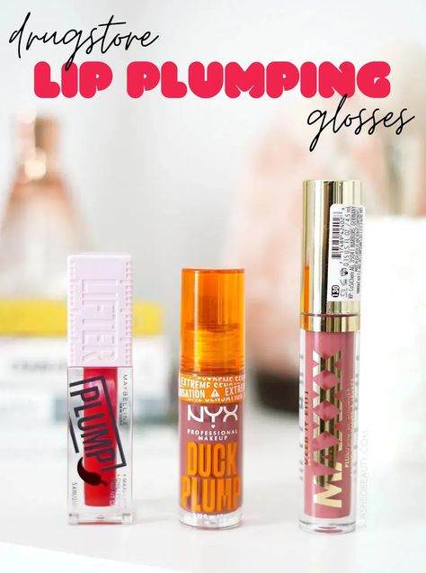 Review and comparison of three drugstore lip plumping glosses: Maybelline Lifter Plump Gloss, NYX Duck Plump Gloss, and Milani Keep It Full MAXXX Lip Plumper. | Slashed Beauty Drugstore Lip Plumper, Lip Plumping Gloss, Lip Plumpers That Work, Drugstore Lipgloss, Drugstore Lips, Lip Beauty, Plumping Lip Gloss, Best Beauty Tips, Drugstore Makeup