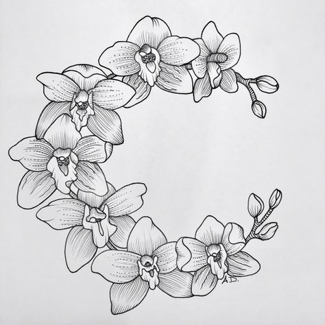 Orchid Tattoo Chest, Cattleya Orchid Tattoo, Hat Pyrography, Orchid Tattoo Design, Orchid Flower Tattoos, Orchid Drawing, Wreath Tattoo, Horse Art Drawing, Radial Design