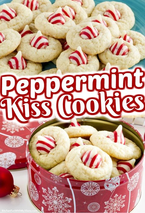 Christmas Kisses Cookies, Christmas Cookies With Kisses, Peppermint Kisses Recipes, Thumbprint Christmas Cookies, Peppermint White Chocolate Cookies, Peppermint Christmas Cookies Recipes, White Chocolate Christmas Cookies, Hershey Kiss Thumbprint Cookies, Kiss Cookies Christmas