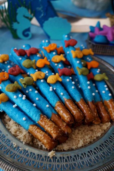 Fish pretzels | CatchMyParty.com Pirates And Mermaids Birthday Party, Pirates And Mermaids, Mermaids Birthday Party, Shark Baby Shower, Fishing Themed Birthday Party, Baby Shower Fishing, Shark Themed Birthday Party, Fishing Birthday Party, Forest Birthday