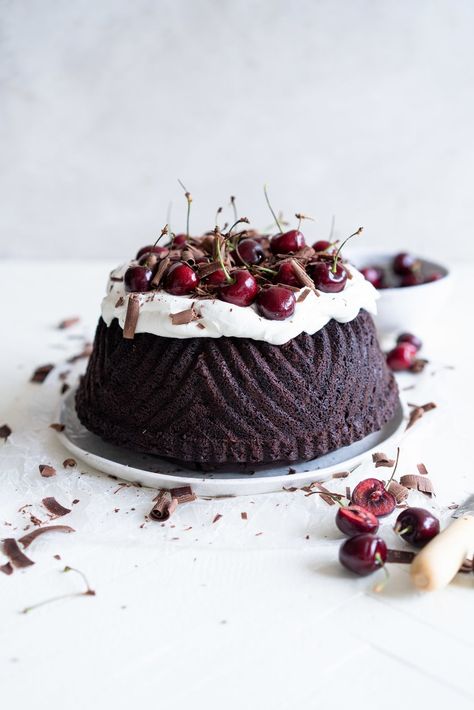 Black Forest Bundt Cake, Chocolate Cherry Bundt Cake, Bundt Cake Chocolate, Cherry Bundt Cake, Cloudy Kitchen, Cake With Whipped Cream, Cream Fresh, Chocolate Curls, Chocolate Bundt Cake