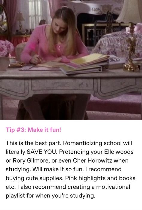 Cher Horowitz Studying, How To Study Like Elle Woods, Elle Woods Study Motivation, Elle Woods Studying, Study Like Elle Woods, Romanticize School, Romanticising School, Pink Academia, I Need Motivation