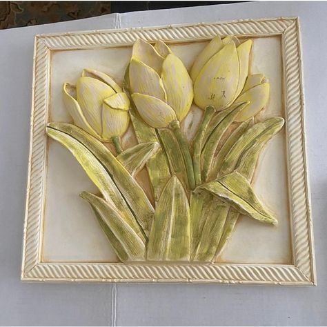 Mid Century Bas Relief Plaster Floral Wall Plaque Painting On plaster A Pair Plaster relief in Bright Yellow Floral Flowers Beautiful Tulips  Beautiful and Bright on the Wall  The relief is higher than frame  Own a piece of art  Hang in any room or outdoors Follow US ! Low Relief Ceramics, High Relief Ceramics, Bas Relief Tile, 3d Relief Art Design, Relief Sculpture Ideas, Ceramic Relief Tiles, Clay Relief Tiles, Pinched Pots, Plaster Projects