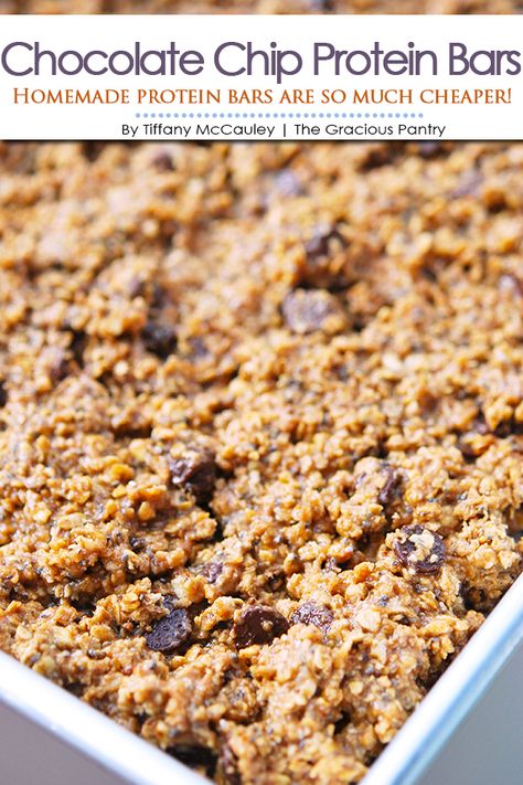 These Chocolate Chip Protein Bars are a fantastic, clean eating snack you make in batches at home! #proteinbars #proteinbarrecipes #proteinbarrecipe #homemadeprotienbars #cleaneating #eatclean #healthysnacks @healthysnackideas #snackideas ~ https://www.thegraciouspantry.com Whey Protein Snacks, Home Made Protein Bars Healthy, Home Made Snack Bars, Whey Protein Bars Homemade, Protein Granola Bars Homemade, Protein Oatmeal Bars, Home Made Protein Bars, Chocolate Chip Protein Bars, Group Snacks