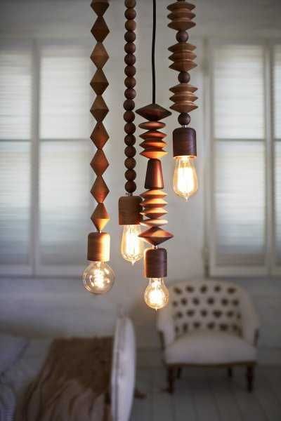 Unique Pendant Lights Made of Charming Wooden Beads - how to have pendant lights in your bathroom that are up to building code! Luminaria Diy, Blitz Design, Desk Lighting, Unique Pendant Lights, Vintage Loft, Beaded Lamps, Diy Lampe, Wooden Pendant Lighting, Lighting Modern