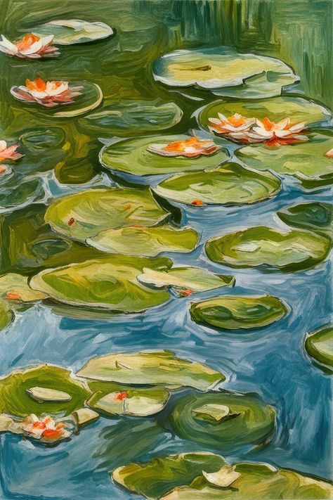 Green Art Illustration, Artsy Prints Wall Art, Water Aesthetic Painting, Lilly Pads Painting, Yellow Poster Prints, Garden Aesthetic Painting, Flower Water Painting, Lilypad Painting, Green Aesthetic Painting