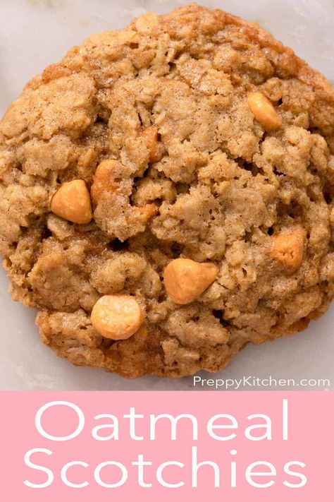 Delicious Oatmeal Scotchies made with old-fashioned oats, brown sugar, and packed full of butterscotch chips. They're soft, chewy, buttery, and super easy to make! Butterscotch Chip Cookies, Oatmeal Scotchies, Delicious Oatmeal, Pumpkin Sheet Cake, Chocolate Candy Recipes, Preppy Kitchen, Double Chocolate Chip Cookies, Nutella Cookies, Cookie Calories