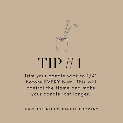 Keep your candles glowing safely this fall with a few simple tips! ✨Trim the wick to 1/4 inch before each burn to prevent soot and uneven burning. ✨Always let the wax melt to the edges on the first burn to avoid tunneling. ✨Never leave your candle unattended, and keep it away from drafts or flammable items. ✨Stay cozy and safe as you light up your space with our favorite fall scents! #CandleCare #FallSafety #CozyVibes #CandleCare #BurnBright #SafeBurning #CandleLovers #CozyCandles Candle Marketing, Candle Tips, Handmade Candles Diy, Candles Diy, Burning Love, Cozy Candles, Candle Glow, Intention Candles, Candle Business