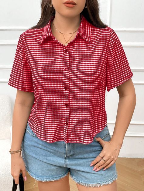 Plus Size Casual Turn-Down Collar Textured Grid Striped Short Sleeve Slim Fit Shirt Red Casual  Short Sleeve Woven Fabric Colorblock,Plaid,Striped,Tribal Shirt Non-Stretch  Women Plus Clothing, size features are:Bust: ,Length: ,Sleeve Length: Striped Short, Elegant Dresses Long, Women Midi, Slim Fit Shirt, Plus Size Blouses, Plus Size Casual, Womens Midi Dresses, Striped Shorts, Plus Size Tops