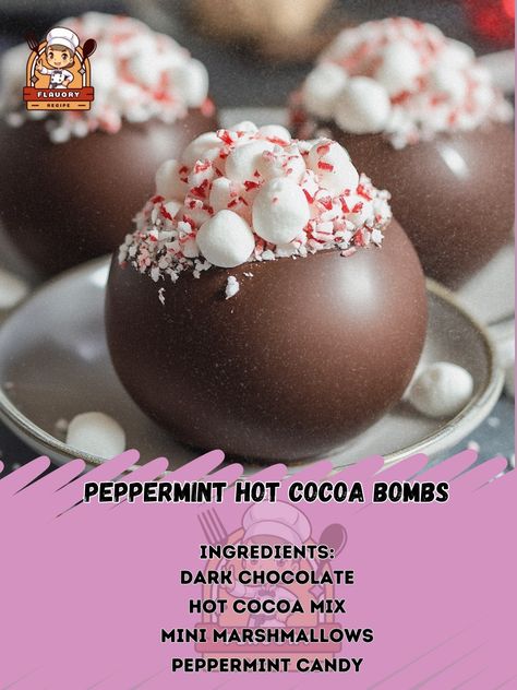 Get cozy with Peppermint Hot Cocoa Bombs! ☕🍬 Watch the magic happen as they melt into delicious hot cocoa! ❄️✨" Peppermint Hot Cocoa Bombs Ingredients: Dark chocolate, melted (2 cups) Hot cocoa mix (½ cup) Mini marshmallows (½ cup) Peppermint candy, crushed (2 tbsp) Silicone molds for chocolate bombs Instructions: Melt chocolate and coat the insides of silicone molds. Freeze for 10 minutes. Add 1 tbsp of hot cocoa mix and mini marshmallows to each mold. Seal the halves with melted chocola... How To Make Hot Cocoa Balls, Peppermint Marshmallow Recipe, Hot Cocoa Bombshell Cup Recipe, Peppermint Marshmallows Recipe, Hot Cocoa Bombshell Christmas, How To Make Hot Cocoa Bombshell, Hot Chocolate Bomb, Christmas Hot Chocolate Boms, Chocolate Snack Mix