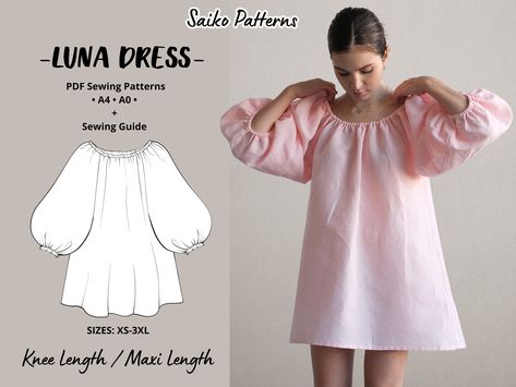 This Charming Puff Sleeve Smock Dress Pattern is perfect for all body types. The dress can be sewn in two lengths: mini and maxi, depending on your preference. The simple design and detailed instructions with pictures make this pattern perfect for even beginners. SIZES:  * Women's XS-3XL SEWING LEVEL:  This pattern is appropriate for beginners. Our patterns are designed to be easy to understand and enjoyable to make. LANGUAGE: * English INCLUDES: * PDF Sewing Patterns (A4, A0, US Letter) * Each Grunge Dress Sewing Pattern, Lounge Dress Pattern, Boxy Dress Pattern, Babydoll Dress Sewing Pattern Free, Plus Size Clothes Patterns, Simple Cotton Dress Pattern, Simple Sewing Projects For Beginners Step By Step Free Pattern, Simple Sewing Patterns For Beginners, Simple Dress Pattern For Women