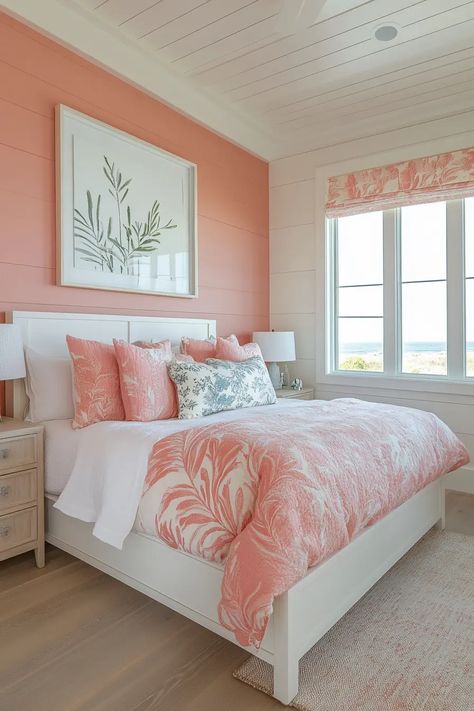 38 Beautiful Coastal Bedroom Design Ideas for a Serene Retreat Coral And White Bedroom, Coral Coastal Bedroom, Coral Beach Bedroom, California Coastal Bedroom, Coastal Room Ideas, Coastal Bedroom Design, Coral Room, Costal Bedroom, Coastal Room Decor