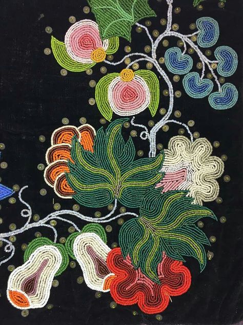 Detail of bead and sequin on leggings, 1920, Leech Lake Ojibwe maker. #beadwork #MNHSCollections Ojibwe Beadwork, Ojibway Floral Designs, Ojibwe Painting, Ojibwe Floral Design Patterns, Ojibwe Floral Design Beadwork, Dakota Floral Beadwork Designs, South American Art, Indian Beadwork, Native Artwork